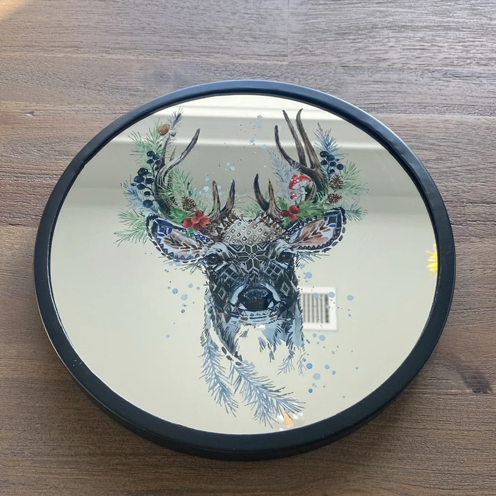 🎈Christmas Holiday Elk Home Decor Round Mirror Black Metal Frame, 10 inch, NIB